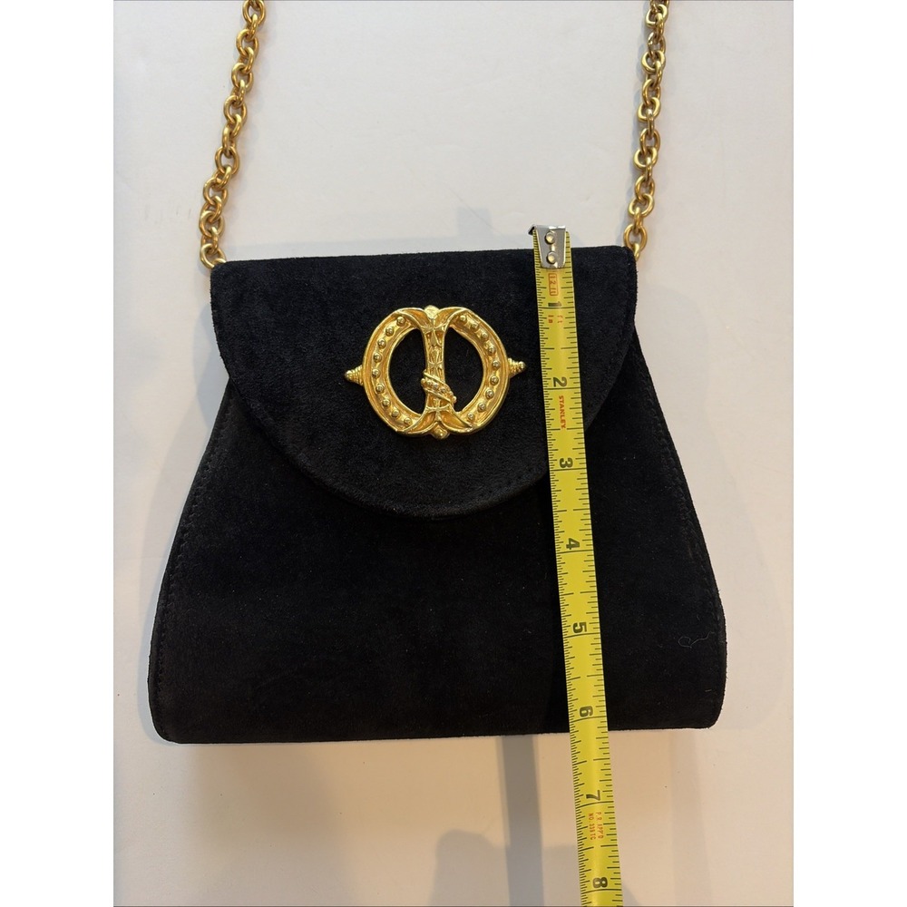 Casual Corner Black Suede Handbag Gold Medallion & Chain Essentials Elegant Bag - Picture 11 of 15